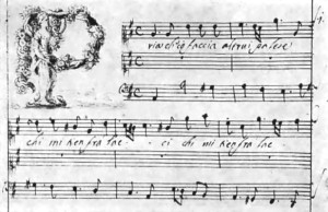 Mit kalligraphischer Initiale: der Anfang von Steffanis Kammerduett Pria ch'io faccia (London, British Library BL-Add. MS 14181.jpg; MGG 1. Aufl.)