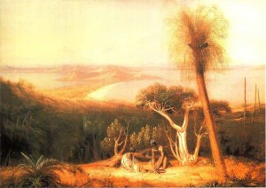 Aborigines am Sound of King George III / New Holland im Gewand des "edlen Wilden" nach den Vorstellungen im 18. Jahrhundert. Isaac Nathan verarbeitete als erster Einwanderer aus Europa ihre Melodien (William Westall 1801, p.d.).