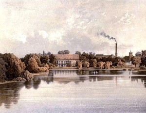Das ehemalige Rittergut Britz - hier dargestellt in der Zeit zwischen 1857 und 1883 mit einem rauchenden Schlot an der Seite - wurde auch von Alexander Duncker (1813 - 1897) geschätzt und porträtiert (Theodor Albert, p.d.).
