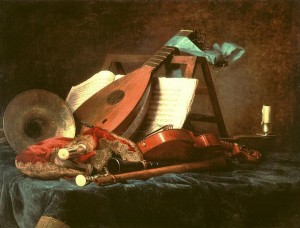 Das Gemälde "Attribute der Musik" von Anne Vallayer-Coster (1744 - 1818) zeigt in der linken unteren Bildhälfte eine Musette ().