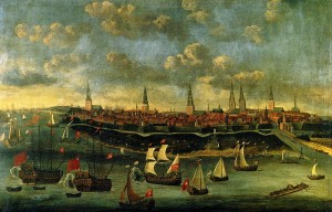 Der unermüdliche und für den französischen wie italienischen Stil und für polnische Volkstänze aufgeschlossene Georg Philipp Telemann schrieb musikalische Ehrungen für den Stand der Kapitäne. Das ca. 1680 entstandene Gemälde zeigt Konvoischiffe auf der Elbe vor Hamburg (Elias Gallis, p.d.).
