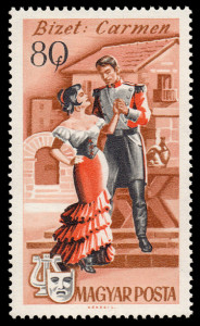 Der Entwurf von László Kékesi zeigt Carmens Begegnung mit dem Torero Escamillo, der in der Erfurter Inszenierung von Valeri Turmanov gesungen wird (Darjac, August 2010).
