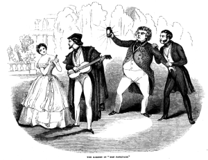 Zur Londoner Premiere des "Don Pasquale" 1843 schuf der Zeichner der Londoner News diese Illustration. Zweiter von links ist der liebende Ernesto mit Gitarre, die - von einem eigenen Musiker präsentiert - in seiner Gartenarie in der aktuellen Meininger Inszenierung im Bühnenzentrum romantisch-elegisch gespielt wird (p.d. US, London News).