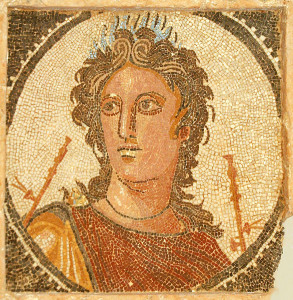 Euterpe firmierte unter den Musen als Vermittlerin des Flötenspiels - wie auf diesem Mosaik aus dem 2. vorchristlichen Jahrhundert zu sehen - und als Muse des Frohsinns (Staatliches Archäologisches Museum Tarragona, 45252-1, Ophelia2, p.d.).