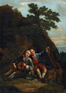 Ein Bild von Johann Conrad Seekatz zeigt "Knaben mit Drehlaier" als einem im 18. Jahrhundert sowohl in der Folklore als auch in der Kunstmusik gerne (wieder) gebrauchten Borduninstrument (Van Ham Kunstauktionen, p.d.).