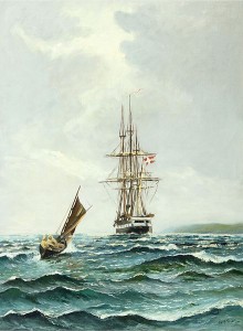 Das Gemälde von Vilhelm Bille (1864 - 1908) zeigt die dänische Fregatte Jylland bei mäßig bewegter See (Bruun Rasmussen, p.d.).