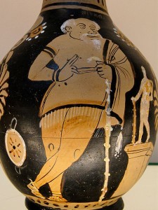 Dionysos' Diener Xanthias reitet in den "Fröschen" auf einem Esel sitzend auf die Bühne ein (Vase F233 Pourtales collection, Jastrow 2007, p.d.).