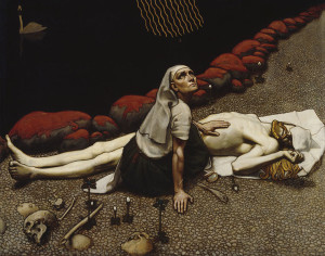 Akseli Gallen-Kallela (1865 - 1931) schuf das Gemälde vom toten Helden Lemminkäinen vor seiner Wiedererweckung. Die Geschichte des Schmieds aus dem finnischen Nationalepos Kalevala inspierierte Jean Sibelius zu seiner (gleichnamigen) Suite aus den Jahren 1893 - 1895 (Ateneum Museum A I 640, p.d.).