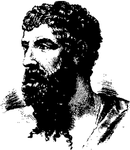 Vom Hauptrepräsentanten der griechischen Alten Komödie, Aristophanes (ca. 450 - 385 v. Chr.) , sind nur 11 Komödien von insgesamt 46 Stücken erhalten (Vignette 1896 aus Ancient and Modern Connoisseur Edition vol. II).