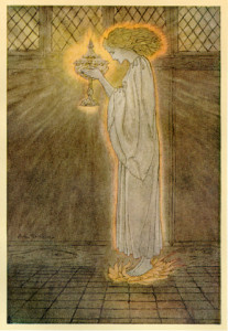Die künstlerisch extravaganten Buchillustrationen des Briten Arthur Rackham stellten eine wichtige Quelle der Inspiration für die Komponistin Ruth Wylie dar (How at the Castle of Corbin ... Alfred W. Pollard, 1917, p.d. US).