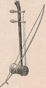 Die Skizze zeigt ein Ravanastron aus dem 19. Jahrhundert, dem Vorläufer der heutigen Violinform Ravanahatha auf Sri Lanka (US p.d.).