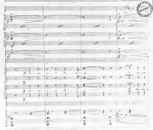 Auch Faurés Requiem, von dem hier die Takte 4 bis 7 (Introduktion und Kyrie) im Manuskript gezeigt werden, liegt bereits in diversen Partituren und Studienausgaben vor (1880, p.d.).