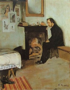 Der aus der Normandie stammende als exzentrisch geltende Komponist Erik Satie (1866 - 1925) in den eigenen vier Wänden (Santiago Rusiñol 1891, US p.d.).