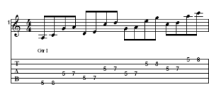 Pentatonische Melodiemuster wie hier tauchen in Phyllis Campbells Sonatina No. 1 von 1931 auf (Pentatonik, String-Skipping, 12.3.2006 upl., p.d.).