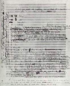 Erste Seite des Manuskripts von Hector Berlioz' 'Symphonie fantastique'. In der 2. Ausgabe der Zeitschrift Die Msuikforschung 2016 findet sich eine Rezension zu Klaus Heinrich Kohr' neuem Buch "Und alles wandelt sich ins Gegenteil. Hector Berlioz' kontrafaktische Szenen" mit einer eingehenden und bislang ungewöhnlichen Analyse dieser symphonischen Dichtung (http://www.karadar.com/ PhotoGallery/berlioz.html, ohne Autorinformation, US p.d.).