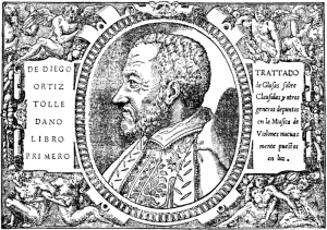 Diego Ortiz (1510 - 1570), der lange in Neapel wirkte, erwähnt in seinem 'Tratado de glosas' (1553) die Romanesca als zugehörig zu den in Italien gebräuchlichen liturgischen Melodien Frontispiz (1553, US p.d.).