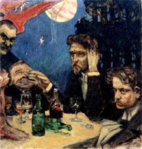 Jean Sibelius (ganz rechts im Bild) trug ebenfalls zur Gattung der Sonatine bei (Akseli Gallen-Kallela: Probleemi / Kajustaflan, 1894, Öl auf Leinwand, US p.d.).