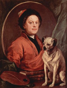 Auch zur Selbstironie war der englische Maler William Hogarth in der Lage; seine mopsbissigen Kupferstiche isnpirierten Strawinsky bei der Komposition seiner Oper 'The rake's Progress' (Tate Britain, Acc. no. N00112, US p.d.).