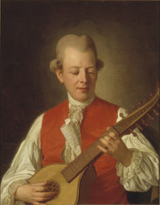 Der Dichter der feucht-fröhlichen Lieder unter dem Titel "Fredmanns Episteln", nämlich Carl Michael Bellman, spielt hier mit dem handlichen 12saitigen Cithrinchen auf (Portrait von Per Krafft, 1779, p.d.).