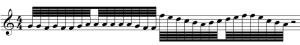 Die kleinsten Notenwerte nach der Mensuralnotation der Ars Nova: die Semifusae (1/64-Noten; 4/4-Takt), hier in Gruppenbildung dargestellt (semifusas unidas; GNU Free Doc. Lic.).