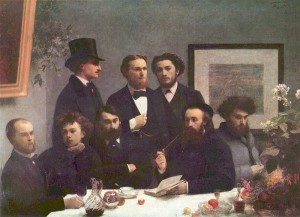 Arthur Rimbaud (zweiter von links im Gemälde) schrieb 44 für seine Zeit hoch exzentrische Prosagedichte, aus denen Benjamin Britten neun für seinen Sopran-Streicher-Zyklus 'Les Illuminations' auswählte (Henri Fantin-Latour: Coin de table, Paris 1872, p.d.).