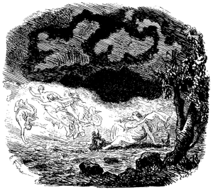 Hans Christian Andersen nahm in seine hintergründigen "Märchen" gerne Elfengestalten als Vertreter einer Gegen- oder Spiegelwelt auf, nicht, um nur Mythen nachzuerzählen (Nye Eventyr og Historier, 1871, Illustration von Lorentz Frölich, p.d.).