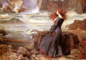 'Who is Miranda?' fragt Jennifer Griffith in ihrem teils elektroakustischen, teils mit Erzählstimme versehenen Stück von 2009 mit Bezug auf Shakespeares Figur im Schauspiel 'The Tempest' (John William Waterhouse: Miranda - The Tempest, 1916, Ölgemälde, Sotheby's London, 21.11.1989, p.d.).