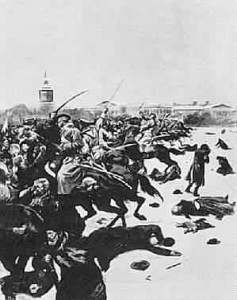 Zentrales Thema der 11. Symphonie von Dmitry Schostakowitsch ist die Demonstration der Arbeiter in St. Petersburg und dessen blutige Niederschlagung am 9. Januar 1905 durch das Militär des Zaren (US p.d.)