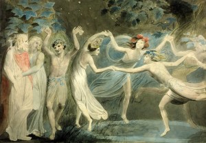 "Feentanz" nannte Katherine Rawlings eine teils von der Natur, teils von populärem Erzählgut inspirierte Komposition (William Blake: Oberon, Titania und Puck im Reigen mit Feen, inspiriert von Shakespeares 'Sommernachtstraum', 1786, Tate Britain, US p.d.).