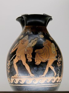 Szene aus einem Satyrspiel auf einer apulischen Weinkanne aus dem 4. vorchristlichen Jahrhundert (British Museum, GR 1884, Jastrow 2006, p.d.)