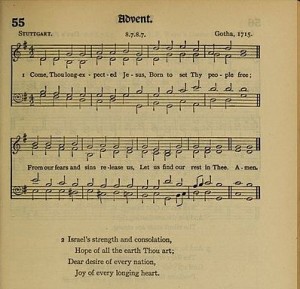 Das Lied 'Come, Thou Long Expected Jesus' von Charles Wesley datiert von 1749, hier in einer Ausgabe des Gesangbuchs 'The Hymnal' (1916) (Charles Wesley, Christian Friedrich Witt, p.d.).