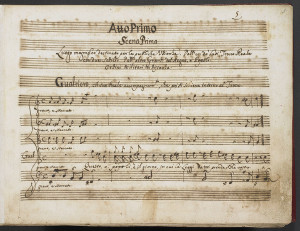 Die erste Szene des ersten Akts von Alessandro Scarlattis letzter opera seria 'Griselda' (1721; British Library Add. M. S. 14168 f 5r, p.d.)