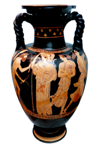 Die athenische Vase von Vulci (ca. 440 v. Chr.) zeigt die Szene, als Nausikaa am Strand von Scheria auf den gestrandeten Odysseus (mit Athene) trifft (Staatliche Antikensammlungen München, CCASA 2.0, CC-Liz.).