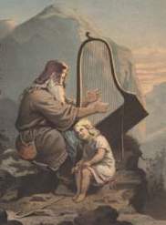 August Malmströms Gemälde 'Heimer und Aslög' zeigt, wie tief in der schwedischen Romantik die (mythologische) Figur des nordischen Harfenspielers verankert ist (1857, Lithographie, US p.d.).