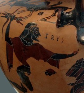 Zeus schleudert Blitze gegen das Ungeheuer Typhon (chalkidikische Vase, Staatliche Antikensammlungen München, Inv.-Nr. 596, p.d.).